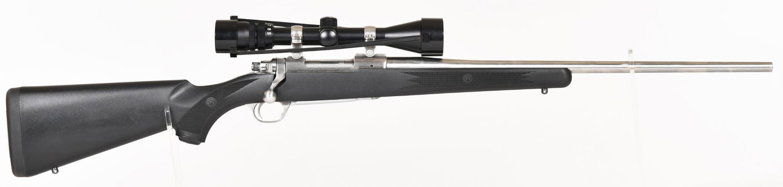 Ruger M77 Mark II All Weather Bolt Action .223 Rifle: 22" stainless barrel. Black synthetic stock. Unbranded 3X-9X duplex reticle scope. very clean.