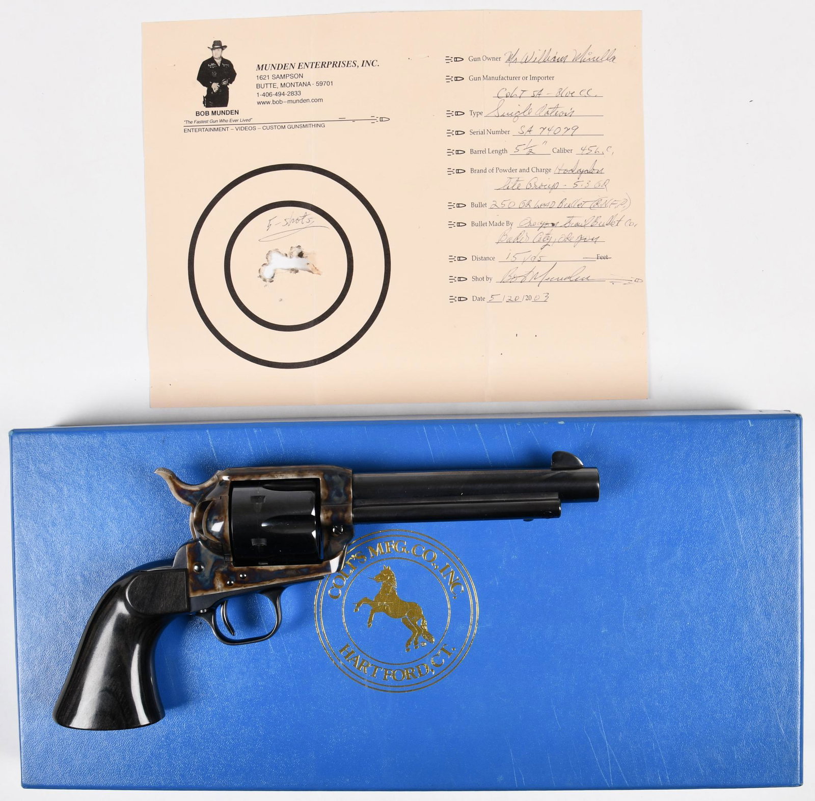 Colt SAA 3rd Gen 45 Colt revolver. S# SA74079 5.5": Bob Munden Enterprises takes often brand new revolvers and reworks them thoroughly and often refinishes them to an exquisitely fine finish. They receive custom grips but originals are sent back with t