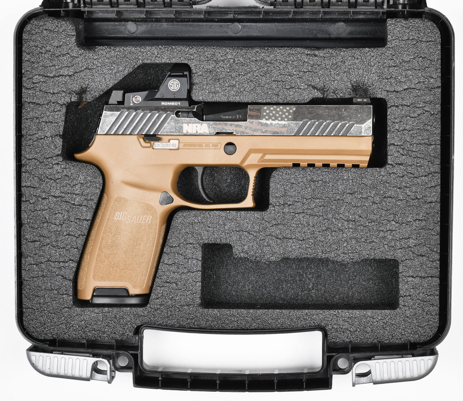 Sig Sauer P320 X Series Semi Automatic 9MM Pistol: New in box with all factory manuals and lock. 3.5" barrel. NRA edition with Romeo 1 optics. Factory aged slide with flag graphics. Factory fired. Excellent condition. 1 of 1100 made.