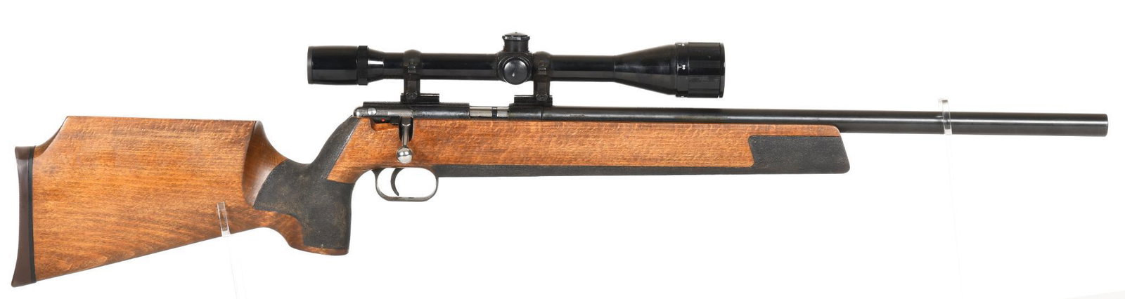 Anschutz model 64 Silhouette 22 LR bolt action single: Has a Bushnell ranging straight 10X scope with a duplex reticle. Heavy Target stock. Adjustable trigger.