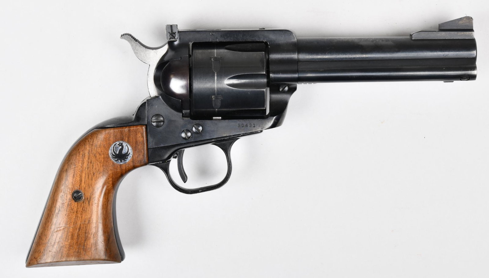 Ruger Blackhawk .357 Revolver S#30431 4 5/8" barrel: shows carry wear, has one drilled and tapped hole in top strap with a plug screw, 80% blue L#30.