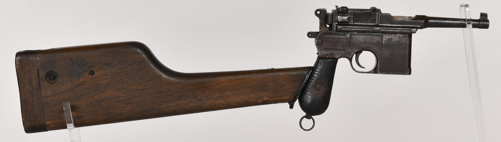 Mauser model 1896 Post WWI Bolo semi auto pistol in: Very poor condition cosmetically, seems to function OK. Comes with re-pop holster stock.