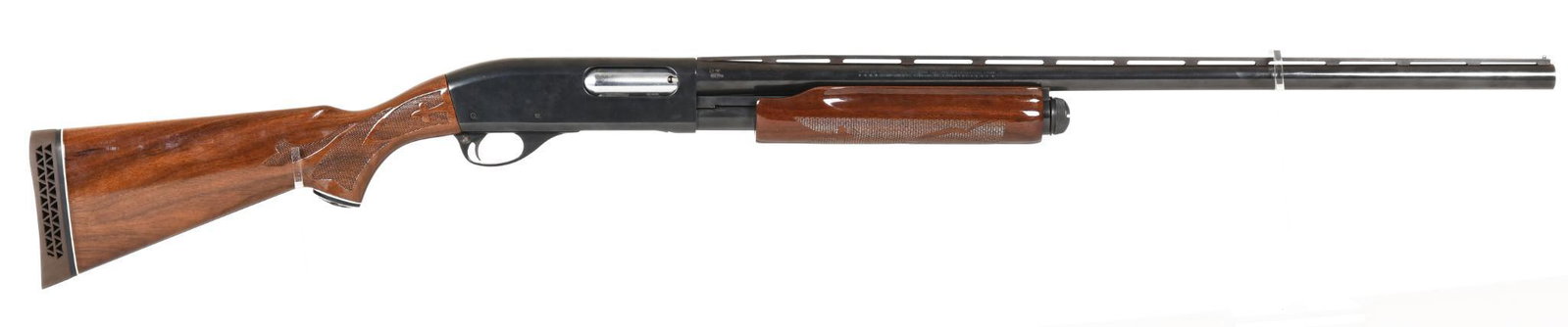 Remington Model 870 Wingmaster Pump Action 12 Gauge: 28" I/C choked vent rib barrel that is marked Modified. 98% bluing with minor handling marks. Checkered walnut stock. Excellent condition.