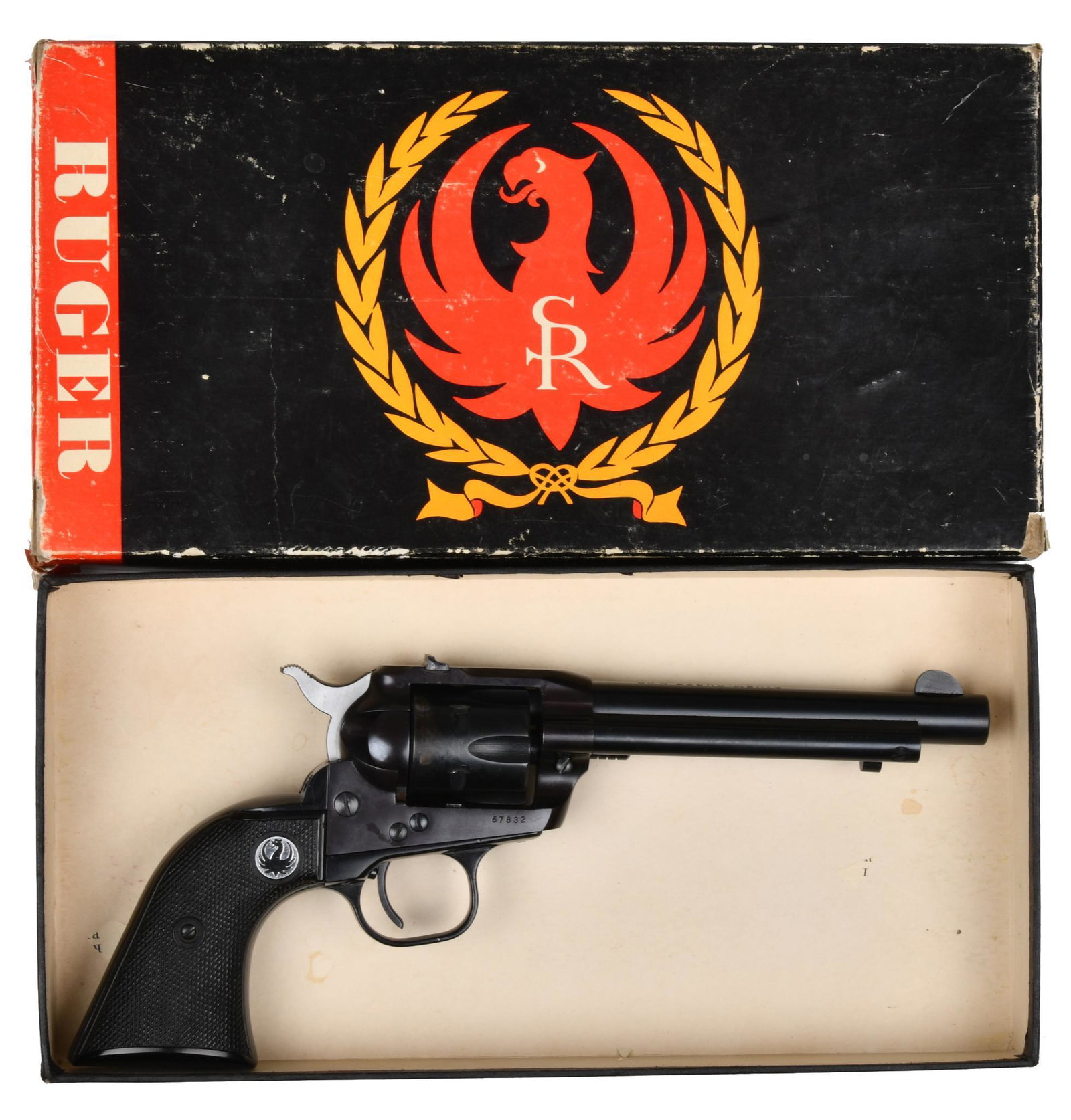Ruger Single Six .22 Caliber Revolver S#67832 3 screw: In red/black box. 5.5" barrel. Minor carry wear. Initials and date 11-11-75 scratched in bottom of grip frame. L#397