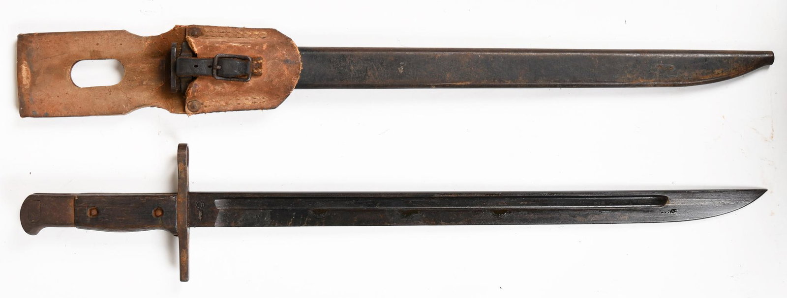 WWII Japanese Type 99 Bayonet With Scabbard: 16" blade. National Denki under Kokura supervision proof mark. Shows wear and paint loss throughout. Leather frog.