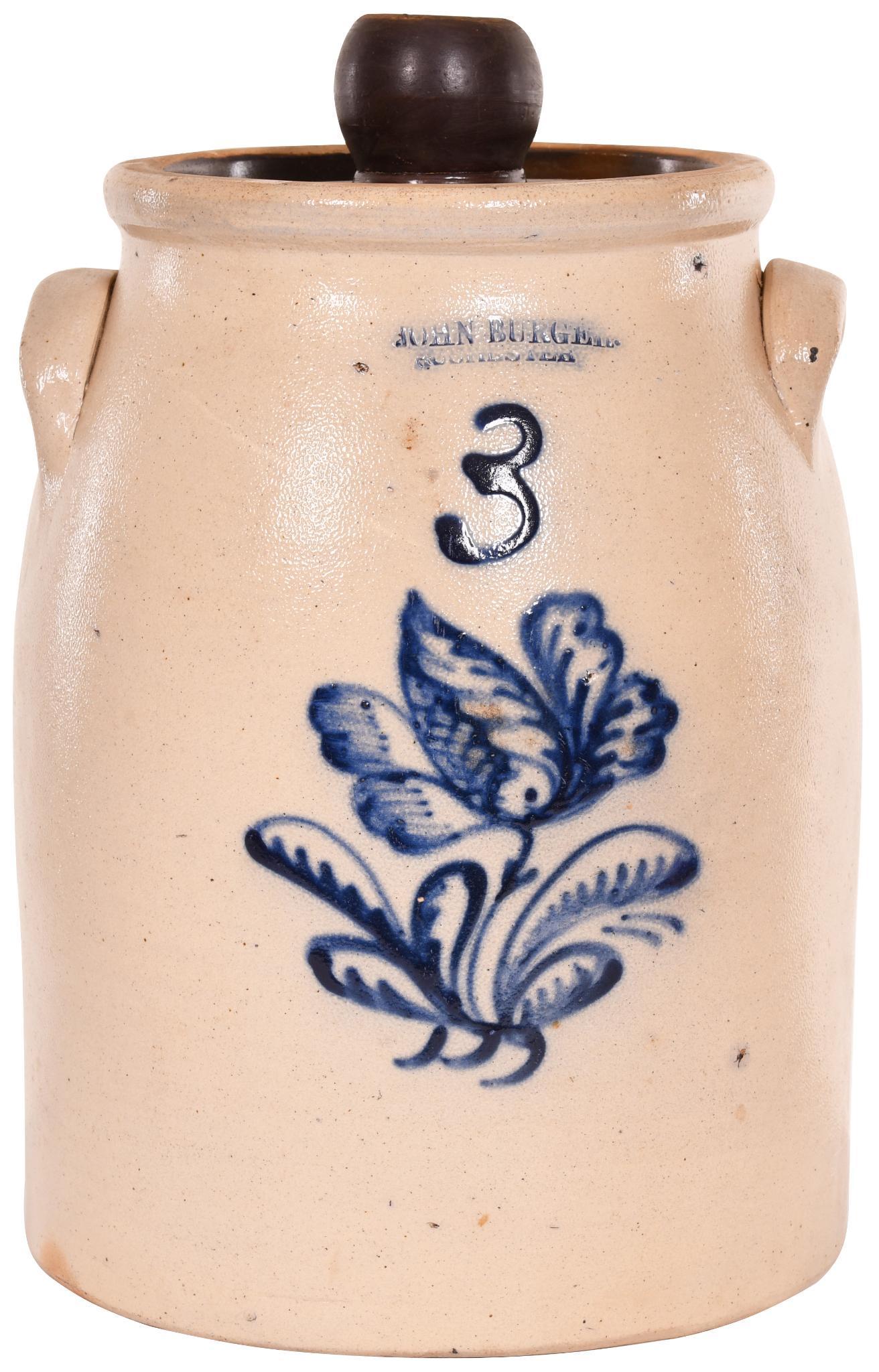 3-Gallon John Burger Stoneware Butter Churn w/Cobalt (1 of 1)