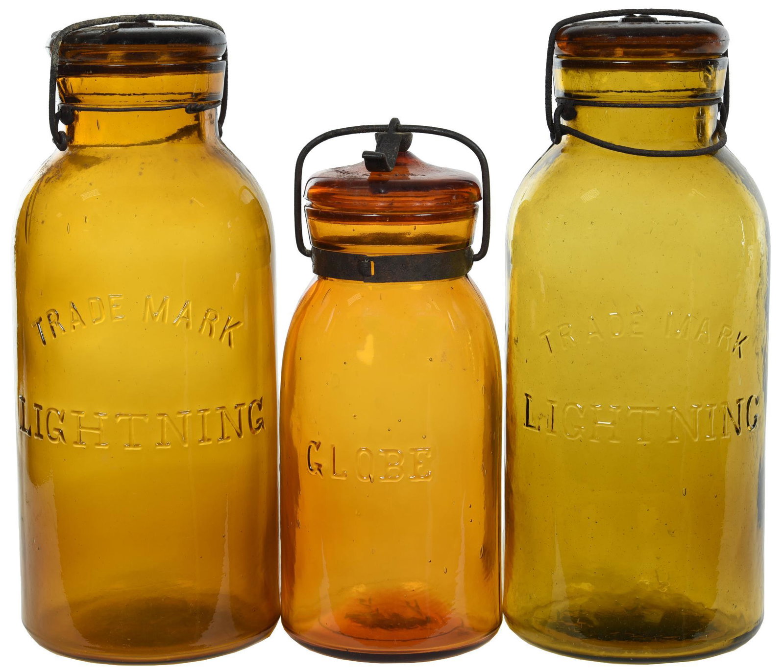 3-Amber Lightning Fruit Jars w/Lids & Globe (1 of 2)