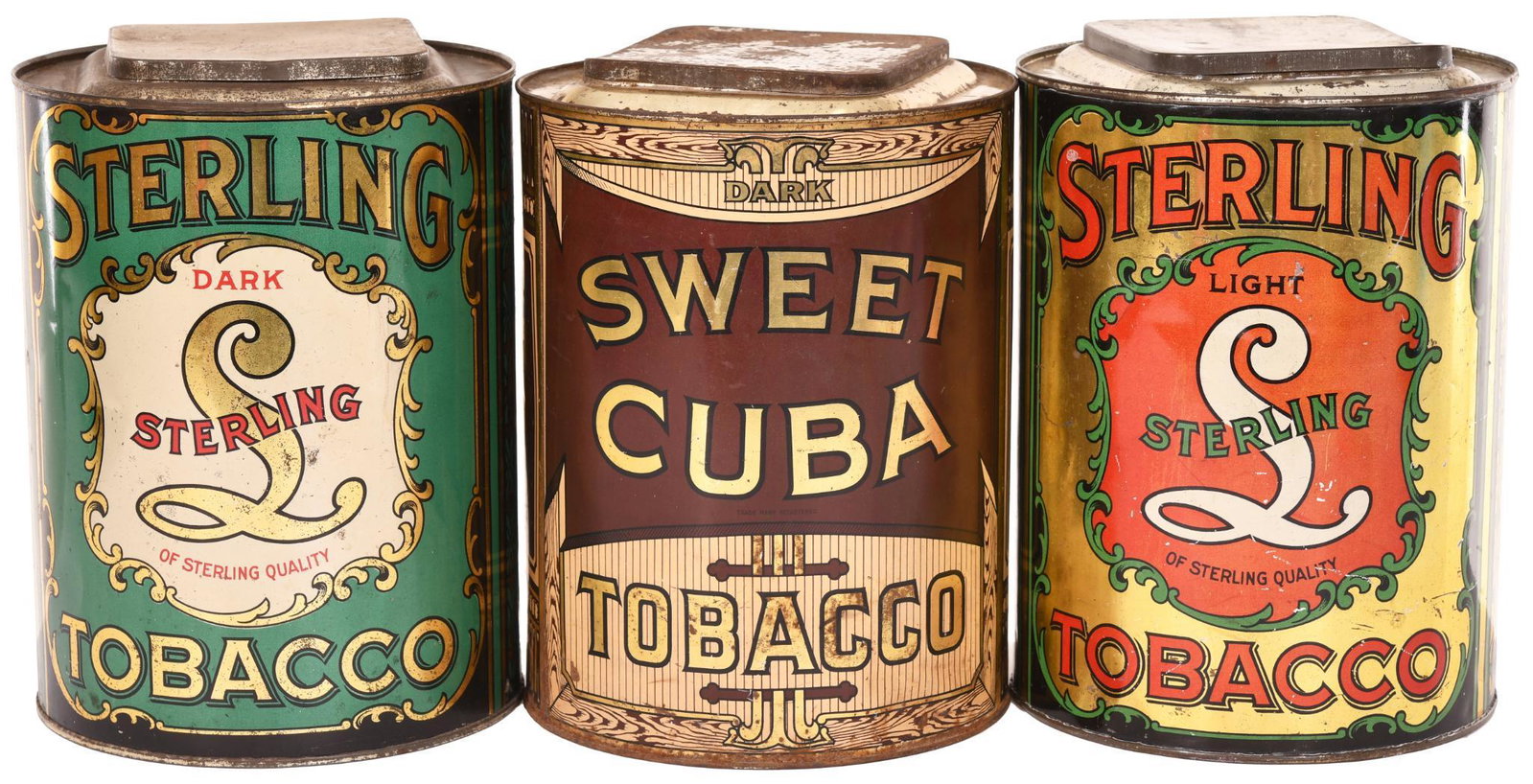 Sweet Cuba & 2-Sterling Tobacco Cans: Metal cans have good color and shine, all have some wear, 11.5"T., rated 8 to 8.5