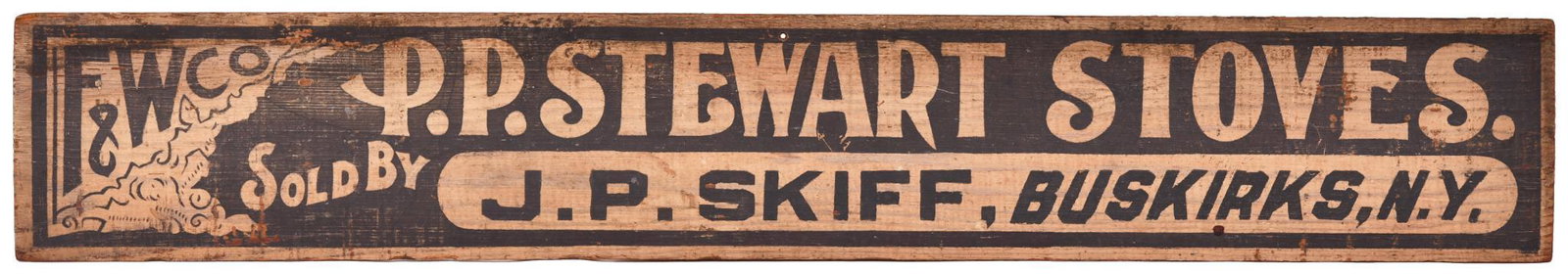 P.P. Stewart Stoves Wood Sign: Single-sided wood sign, has good color, shows light wear, 6"x36", rated 8