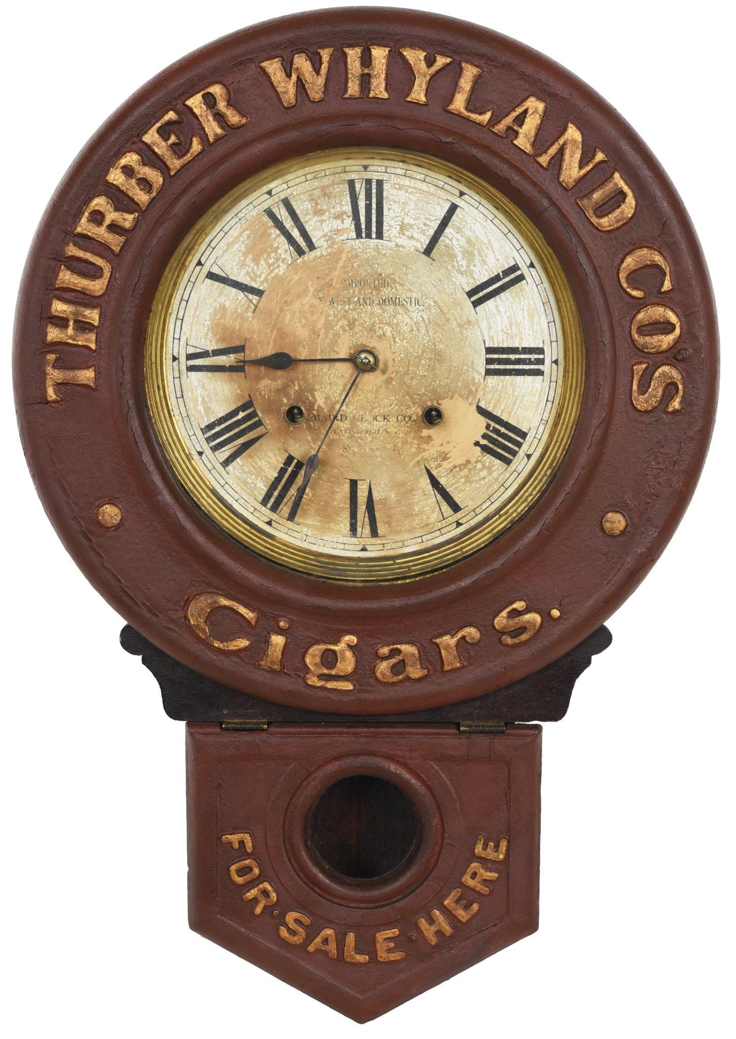 Thurber Whyland Co: In good condition, paper dial shows heavy wear, this clock has an 8 day movement, Baird Clock Co., displays well, 21"x16"x4", rated 8