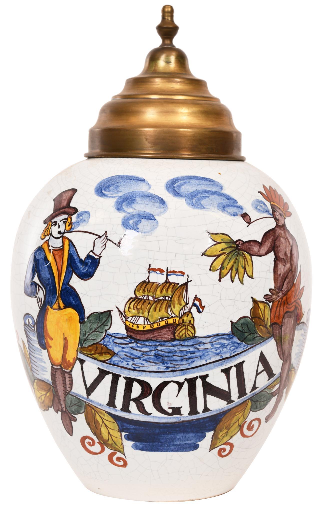 Delft Polychrome Tobacco Jar "Virginia" w/Merchant, (1 of 1)