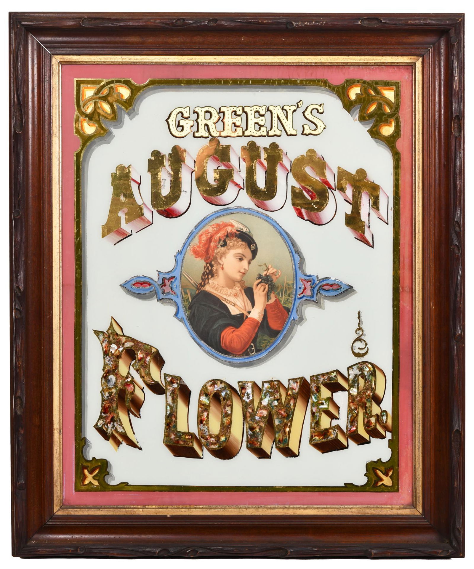 Green's August Flower Reverse Painted on Glass Sign (1 of 2)