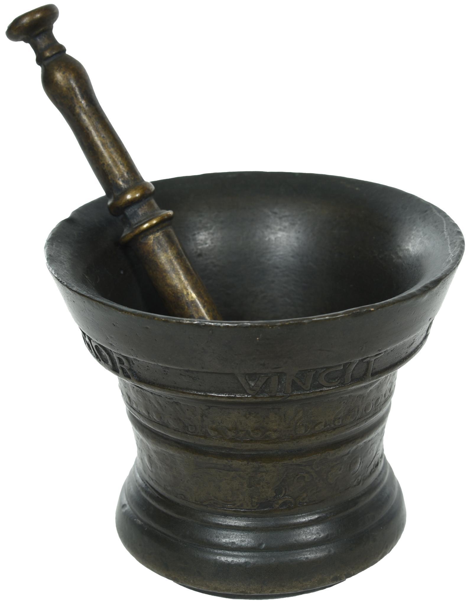 Early Brass Mortar & Pestle "Vincit Omnia" "AO (1 of 2)