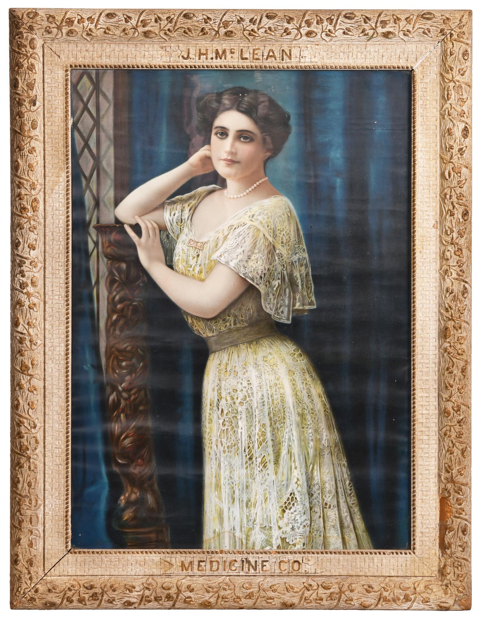 J.H. McLean Medicine Co. Pretty Lady Print: Print has good color and shine, shows very minor wear, frame is embossed with the name of the company, frame has minor damage, 35"x27", rated 8.75