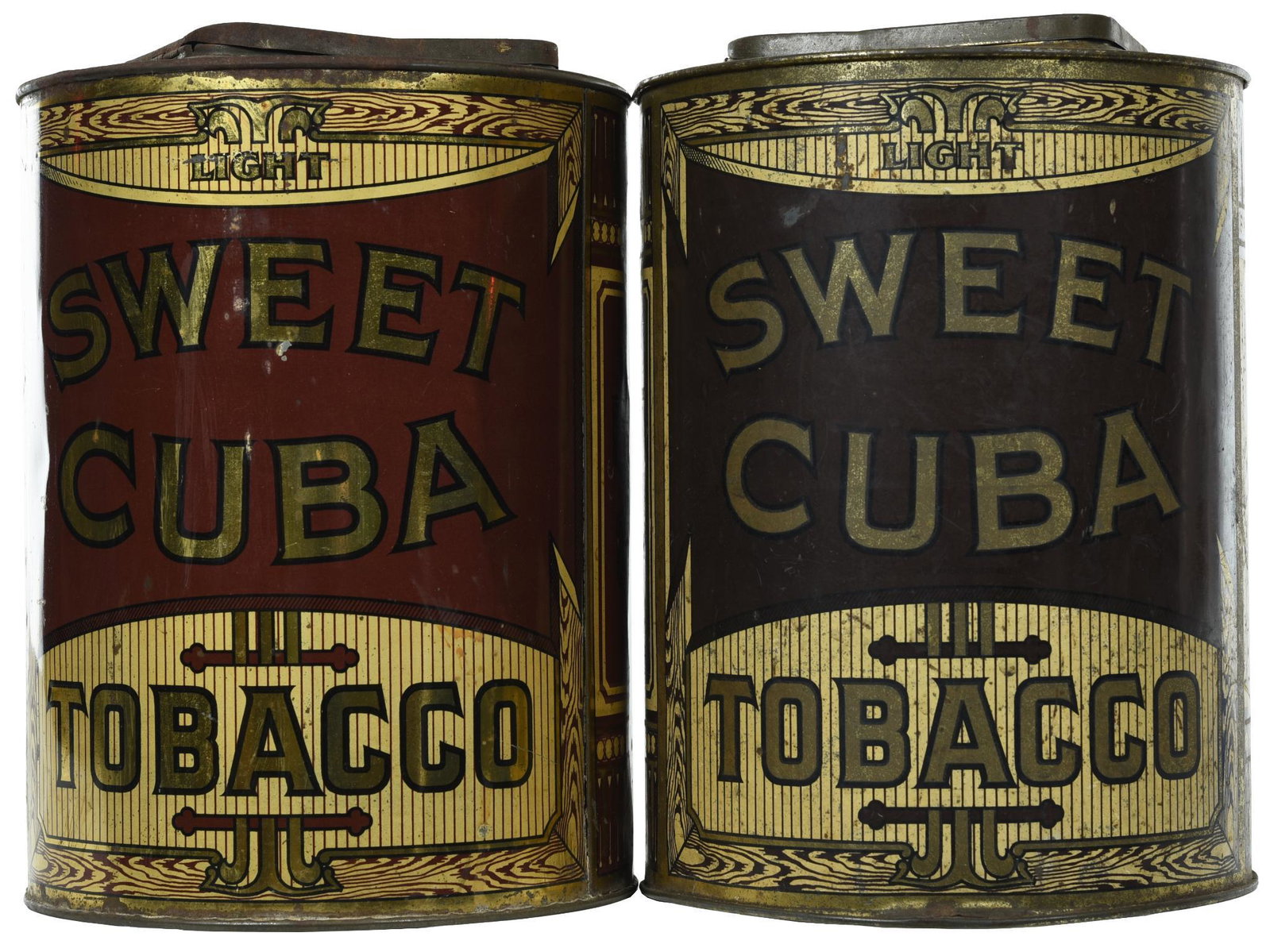 2-Sweet Cuba Tobacco Metal Containers: First has very good color and shine with light wear, the other shows more wear, 11.5"T