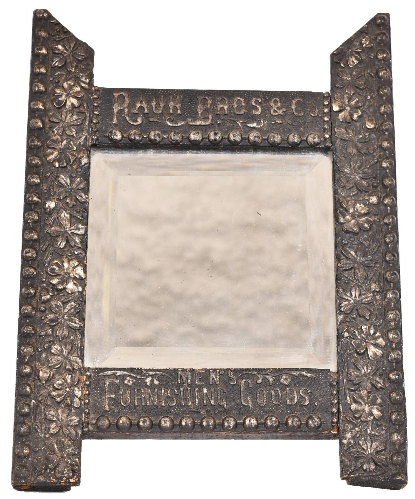 Raun Bros & CO "Men's Furnishing Goods" Bevel Edge: Has an easel back, Geneseo frame is in good condition with light wear, mirror is good, 16"x12"