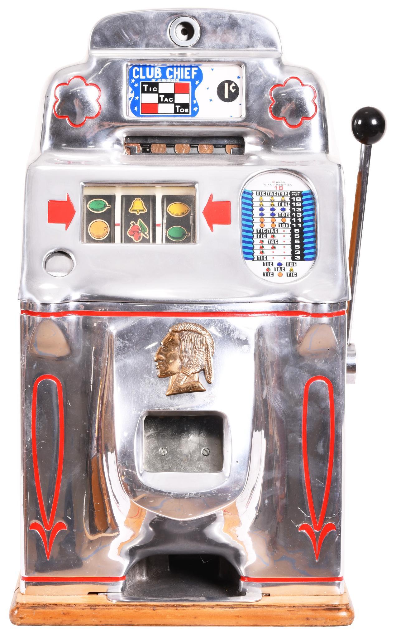Jennings 1 Cent Tic-Tac-Toe Club Chief Slot Machine: Jammed. Coins pass right through. Shows some light wear throughout. Nice looking machine that displays well. Has one key. 28"x17"