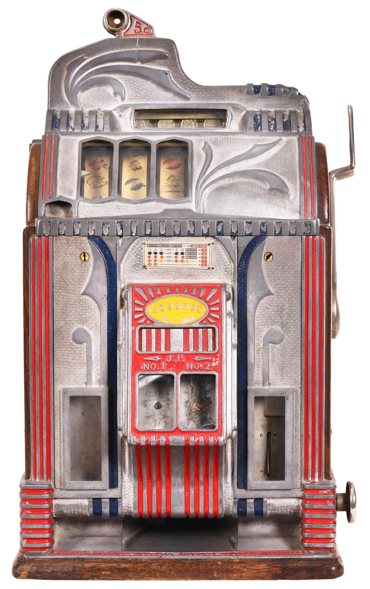 Jennings Century With Front Vendor Slot Machine: Has jackpot. Displays well and has a great look. Working condition. Shows some minor wear and the jackpot window on the right side has a crack in it. No key. 26.5"x15.5"