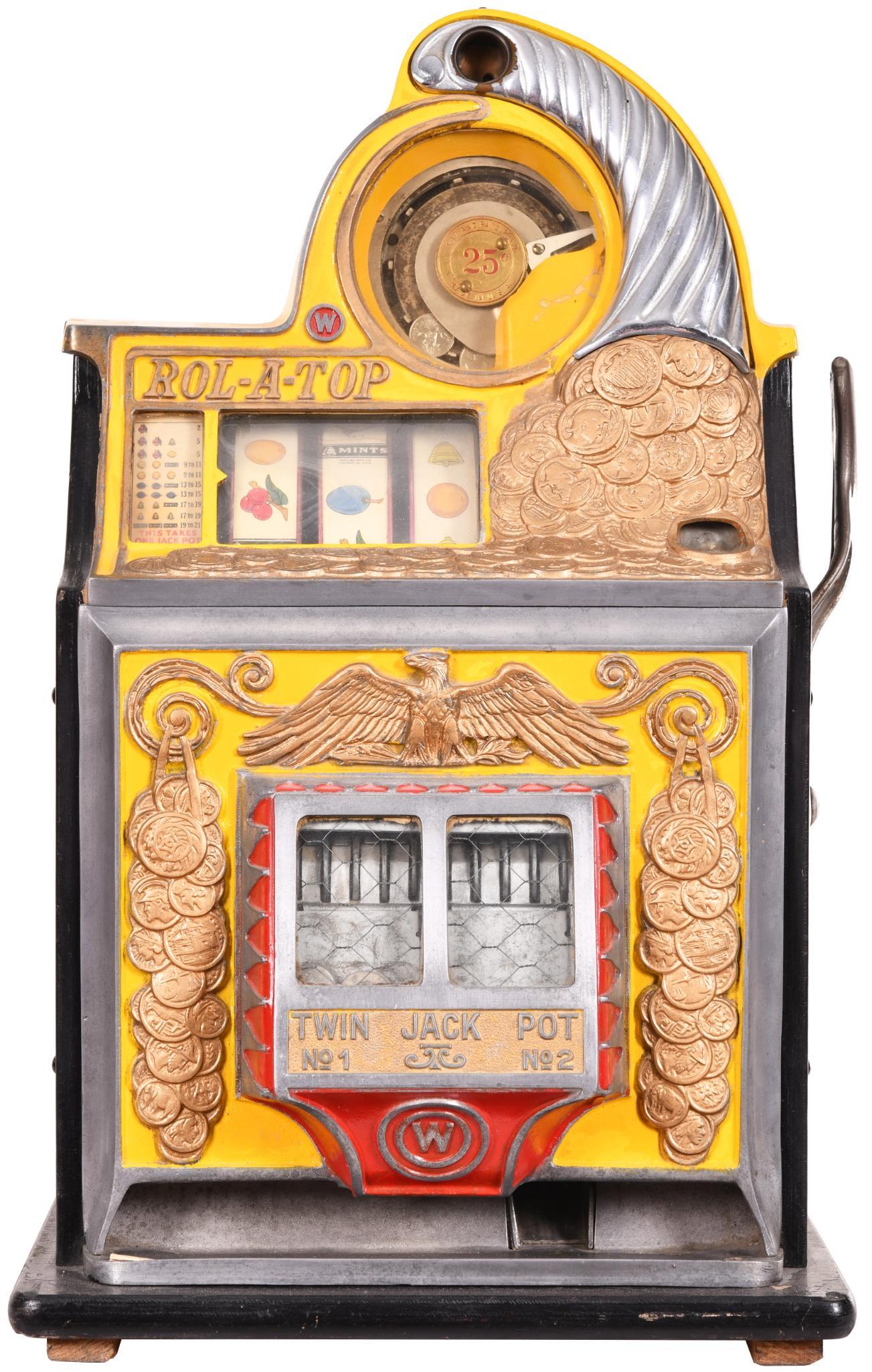 Walting 25 Cent Rol-A-Top Slot machine: Working condition. Shows wear throughout. Has an older repaint. No key and is missing the lock. Twin Jack Pot. Displays well. 27"x17"