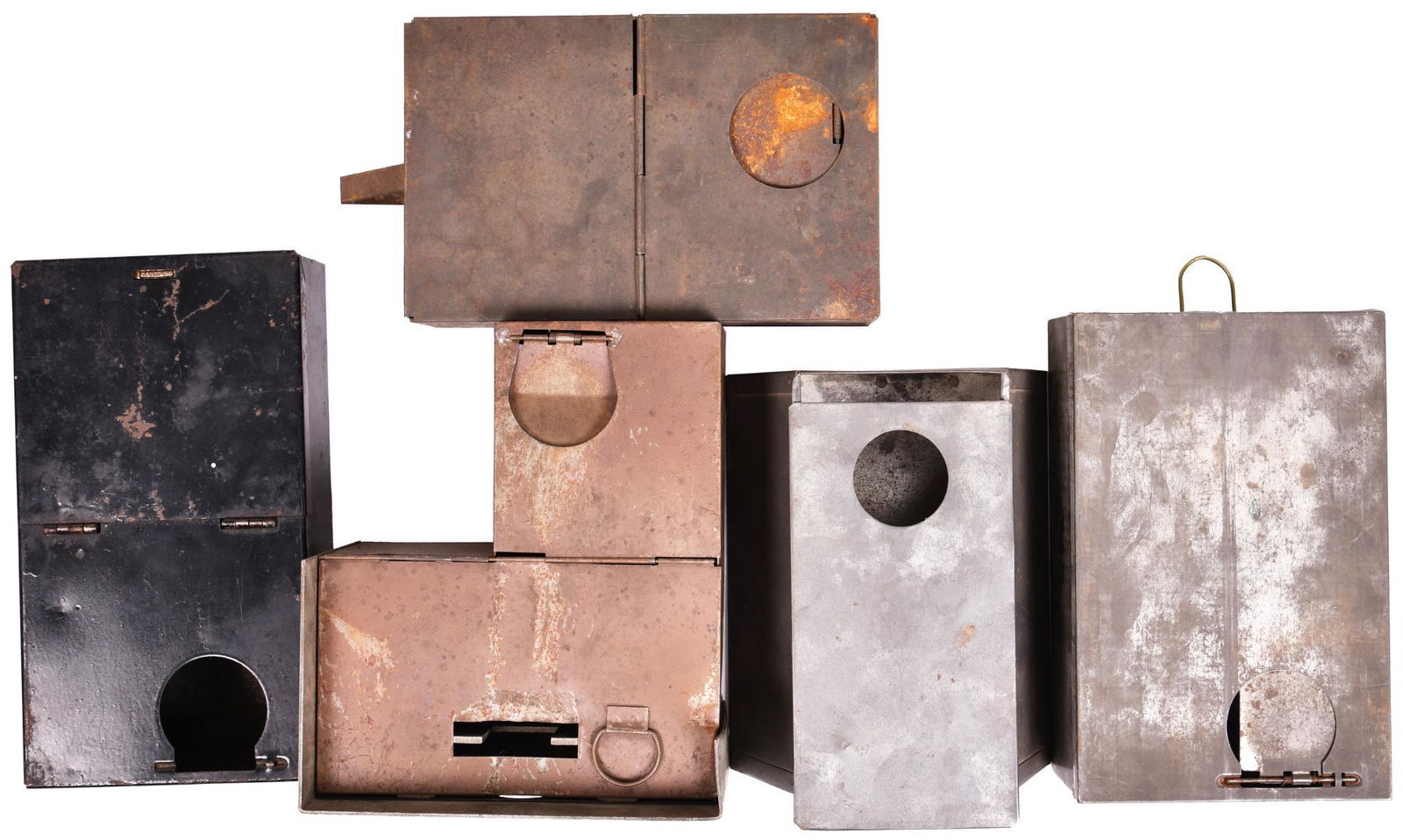 Lot Of 5 Slot Machine Coin Boxes: For various makes of slot machines. Likely Mills and one is marked Walting. Show wear and all are in various condition. Some are missing parts. 3"x5.75"x9" & 2.5"x5.5"x10" & 4.25"x7.5"x8.75" &