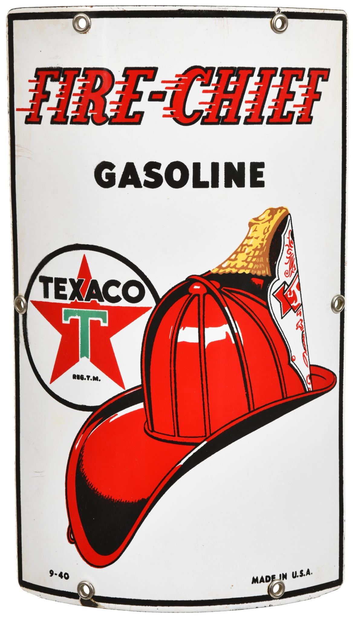 Texaco (white-T) Fire Chief Gasoline Porcelain Curved: SSP curved sign. Has excellent gloss and color, tiny chips around the perimeter, dated 1940, 12"x10", rated 8.9