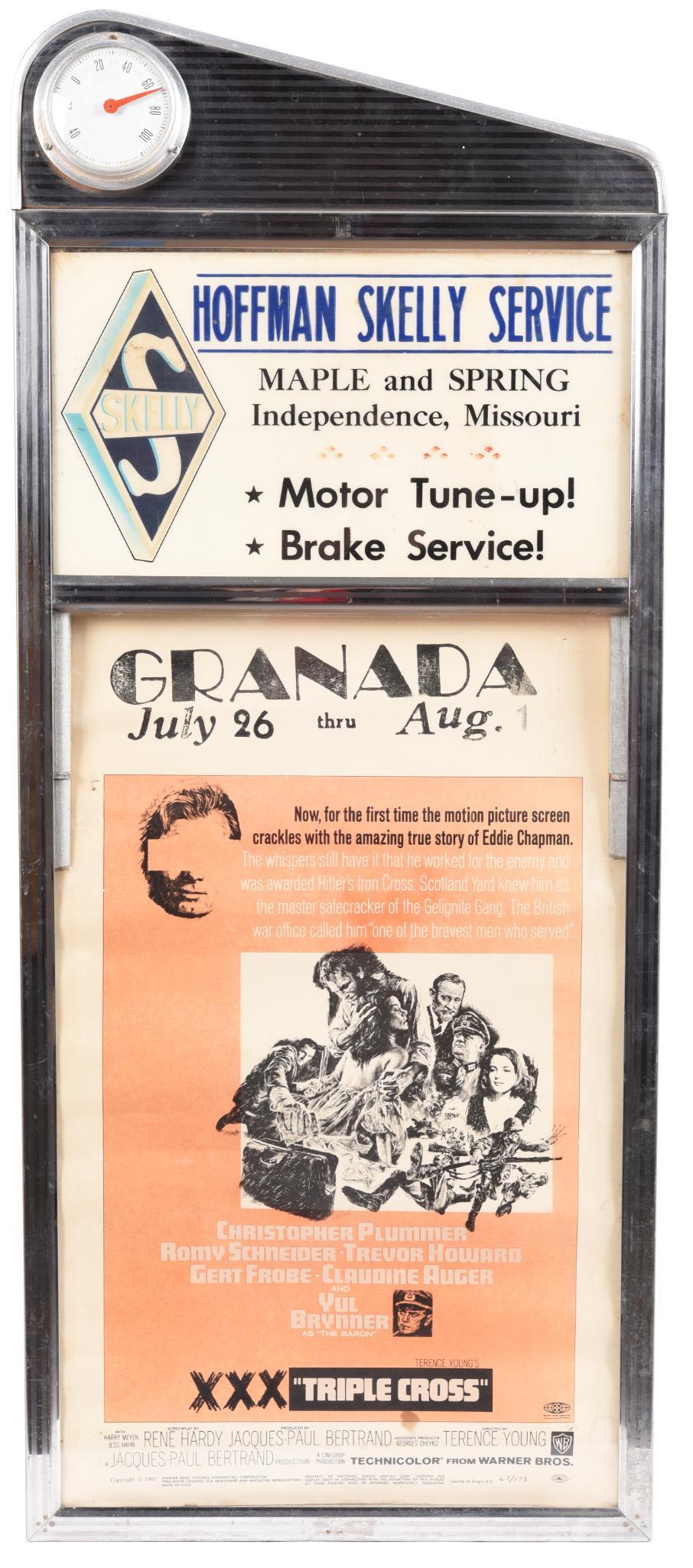 Chrome Movie Theater Thermometer/Advertising Piece: In good condition, chrome needs polished, has ad for Hoffman Skelly Service and upcoming movie, 36"x16", rated 8.5