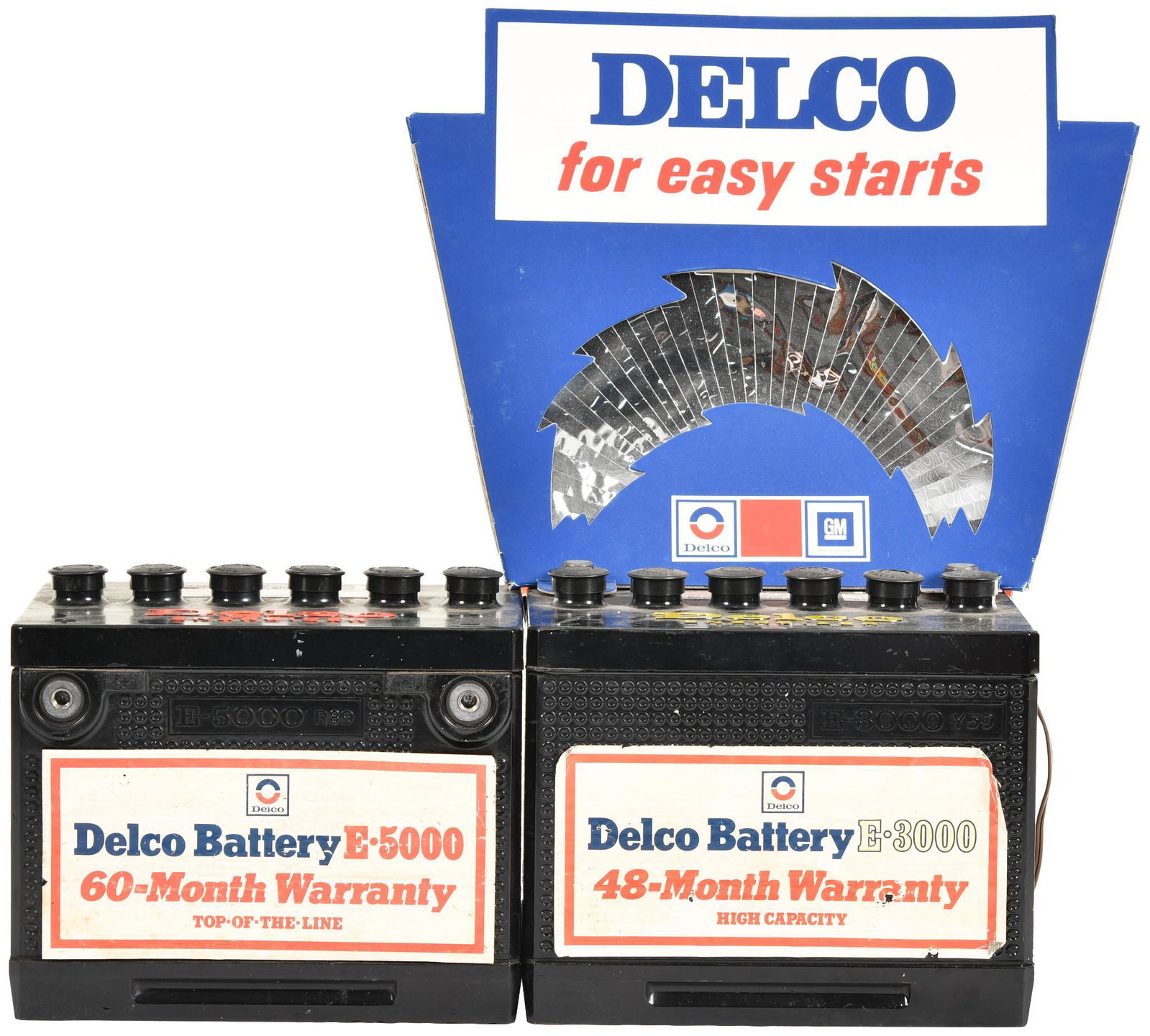 2-Delco Display Batteries/One with Topper: Both batteries are for display no lead, they are actual size, 21"x16"x9" or less in size, rated 8 to 8.5