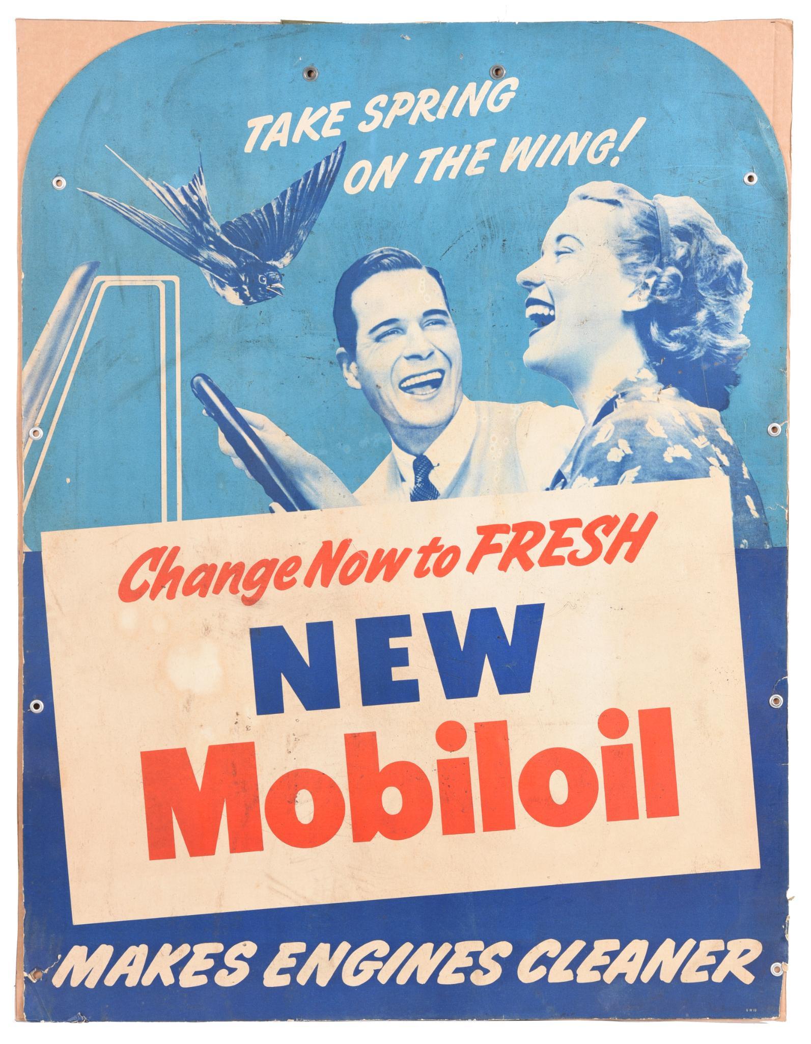 New Mobiloil Cardboard Poster: Single-sided light cardboard poster has good color, has light soiling and staining, 44"x34", rated 7.5