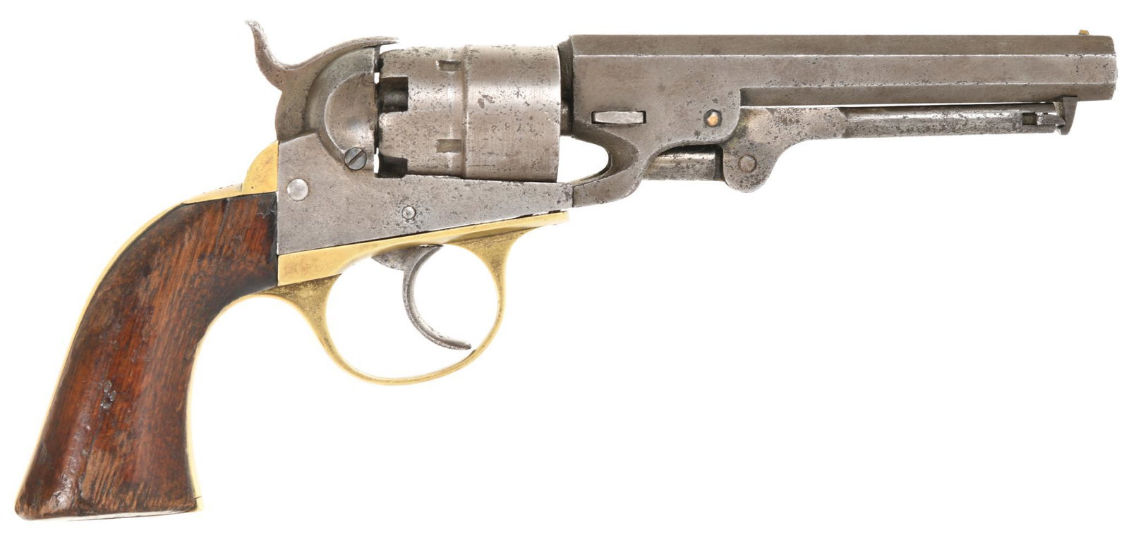 Antique Cooper 36 Caliber Pocket Navy Percussion: 5 shot 5" barrel. Finish is almost gone with old pitting present. Double action does work but doesn't always fully rotate the cylinder. Single action will not stay cocked.
