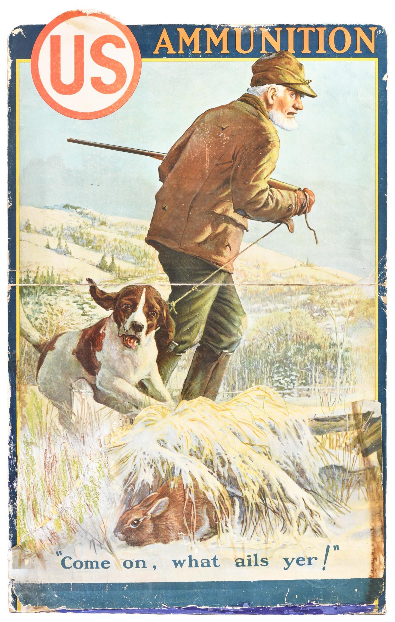 Framed 1929 U.S. Ammunition Advertising Sign: This large, heavy cardboard sign features a hunter pulling his dog who is distracted by a hiding rabbit and is titled "Come On, What Ails Yer!". The illustration was done by William Harnden Foster. Av
