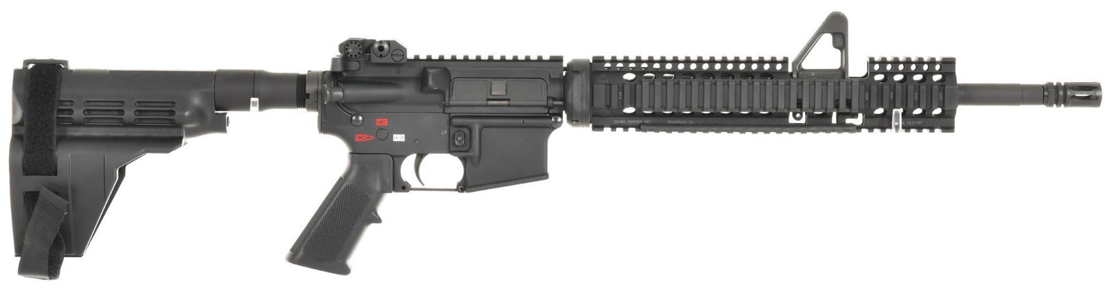 Pikes Tactical Model ST15 5.56 Caliber Semi Auto Rifle: Has a quad rail system with A2 front sight and flip up rear. It has an arm brace on the buffer tube so quickly can become a legal pistol. 16? barrel with 1in 9 twist. It has a few handling marks and h