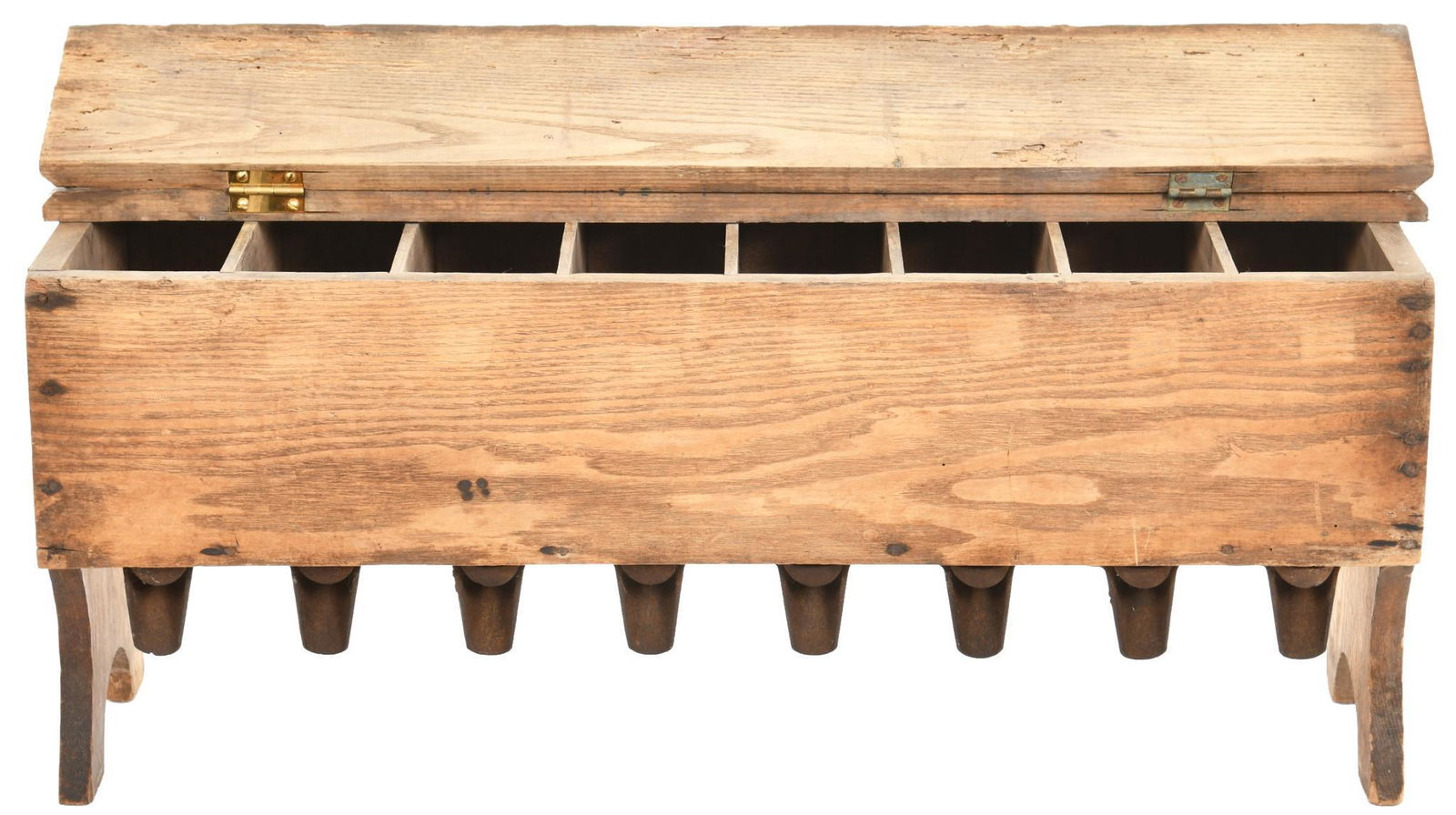 Rare Victor Shot Case And Dispenser Cabinet: Shot cabinet, The Victor Shot Case, made by Samuel Cupples Co. Patented Jan. 31 1882. Faint stenciling on end, 8 compartments w/cast iron slide-out spring loaded dispenser spouts.