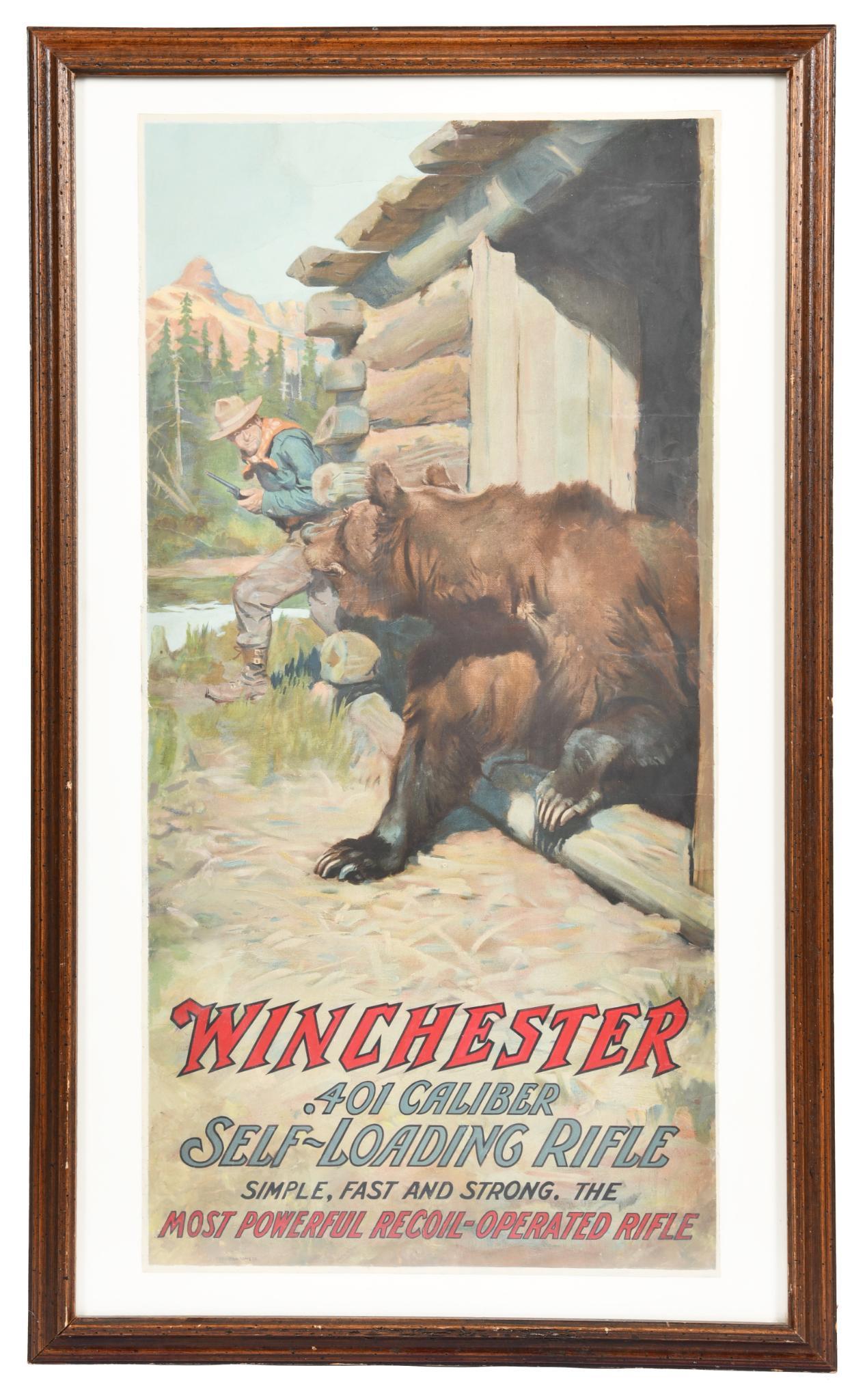 Winchester .401 Self-Loading Rifle Poster: 1909. Originally executed by Philip R. Goodwin (specifically for Winchester) and lithographed circa 1908. It has some light wrinkling near the top and bottom, but still highly collectable piece due to