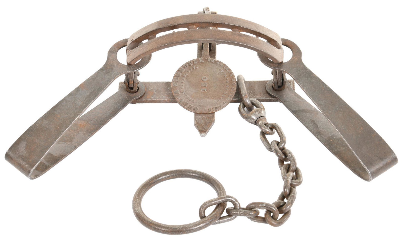 Oneida Newhouse No. 150 Bear Trap: Oneida Newhouse No. 150, Animal Trap Co., PA. Great antique bear trap with original chain swivel offset jaws with teeth legible raised lettering on pan.