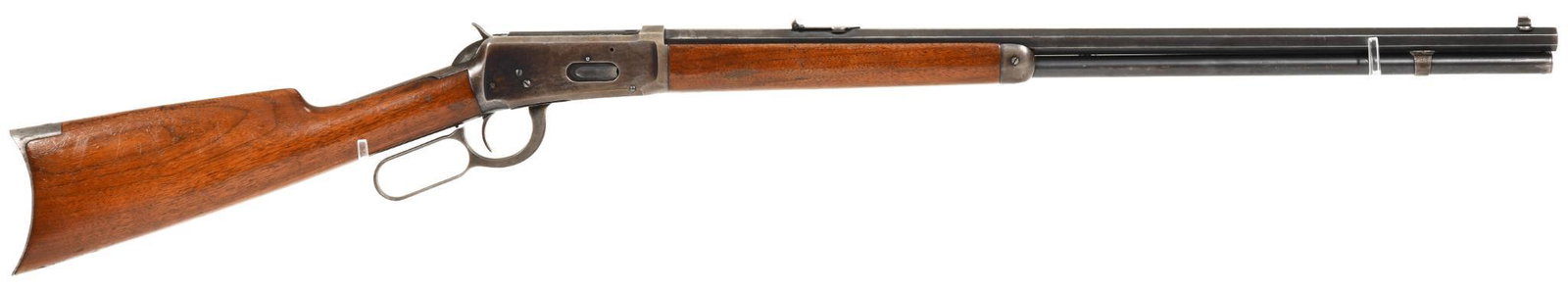 Winchester 1894 30-30 Caliber Lever-action Rifle: 26" octagon barrel, with a 3 leaf rear sight where half of one leaf is missing. Bore is a little dark but very shootable. The action has lithium grease inside. Stock has numerous dings. Bluing is 50% 