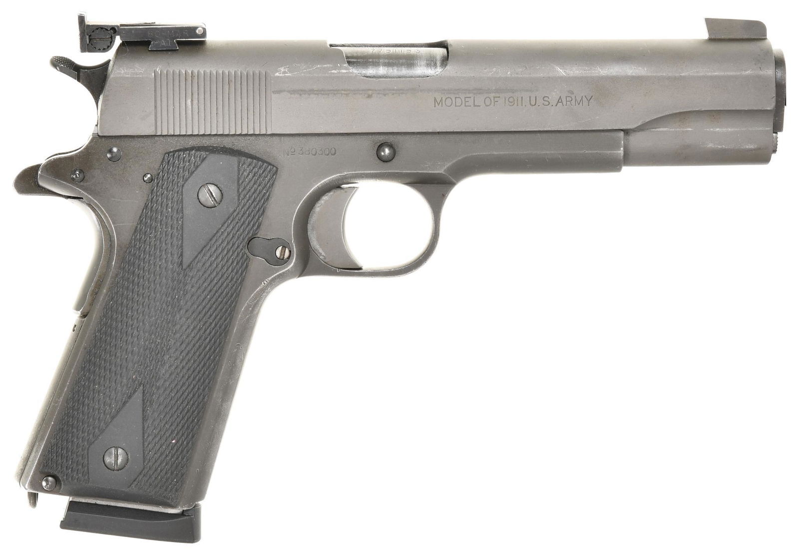 Colt Model 1911 U.S. Army 45 ACP Semi Auto Pistol: 5 barrel 9 shot (comes with 8 shot Mec Gar mag). This is an Augusta Arsenal Refurb Black Army from 1918. Has Bomar sights. Colt Hammer and Safety, looks like a Rand slide release. Aftermarket double d