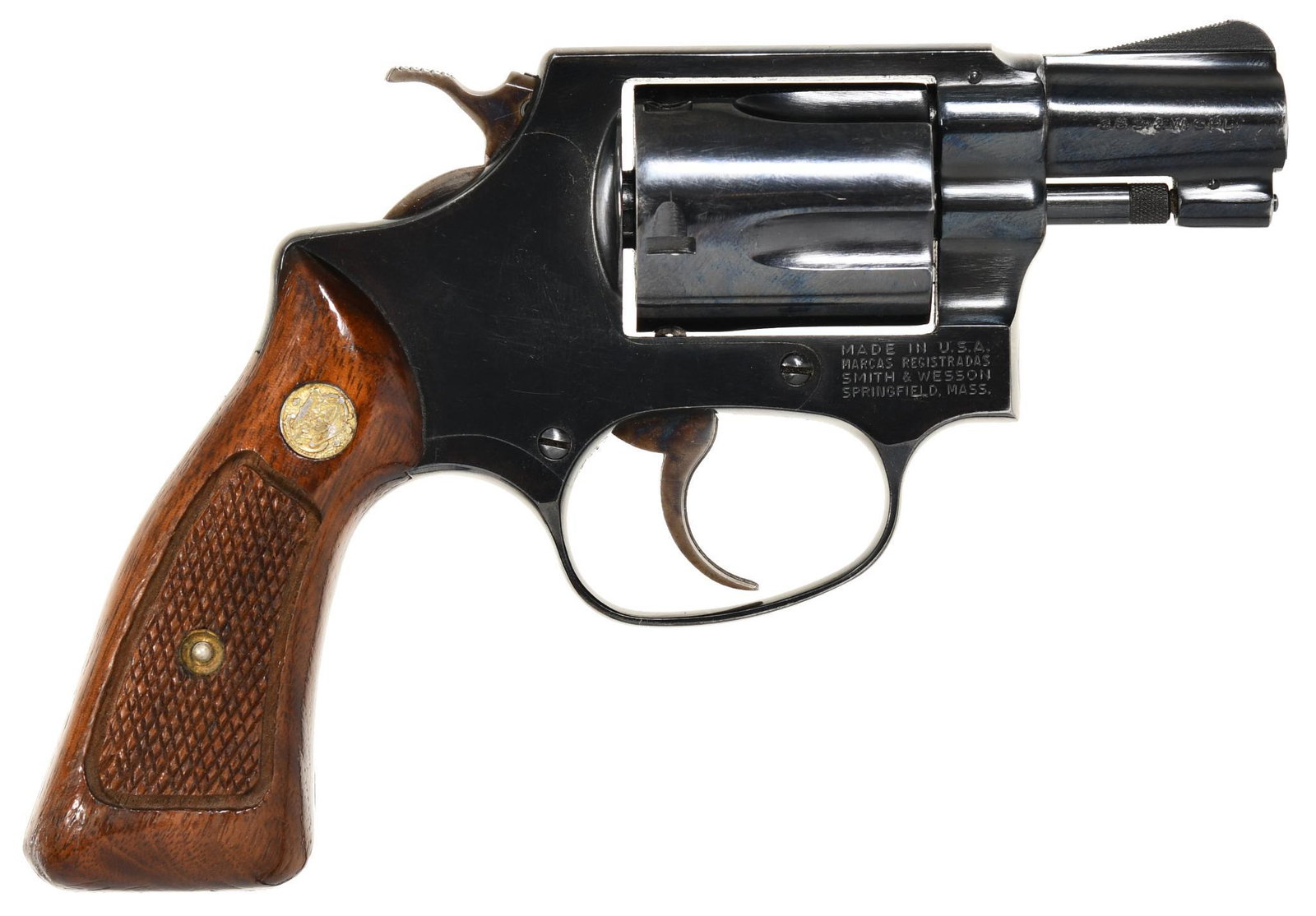 Smith & Wesson 36-No Dash .38 Special Double-action: 2" barrel 5-shot, square butt, 90% blue, has some holster wear. Mechanically very tight, fired very little. In factory box numbered to the gun with paperwork.