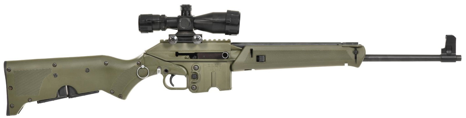 Kel-Tec SU-16 5.56 mm Semi-Auto Rifle: Folding Version with Integral Bipod. Two 10 round magazines in the butt stock. Excellent used condition, with a 2.5-10X illuminated scope.