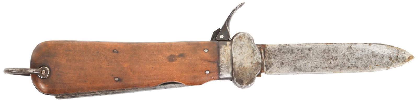 WWII German Paratrooper Gravity Knife: The knife is in good working condition and the blade is worn and used. Has wood grips and fold out spike. Blade measures 4.25" long, overall 10.25"long.