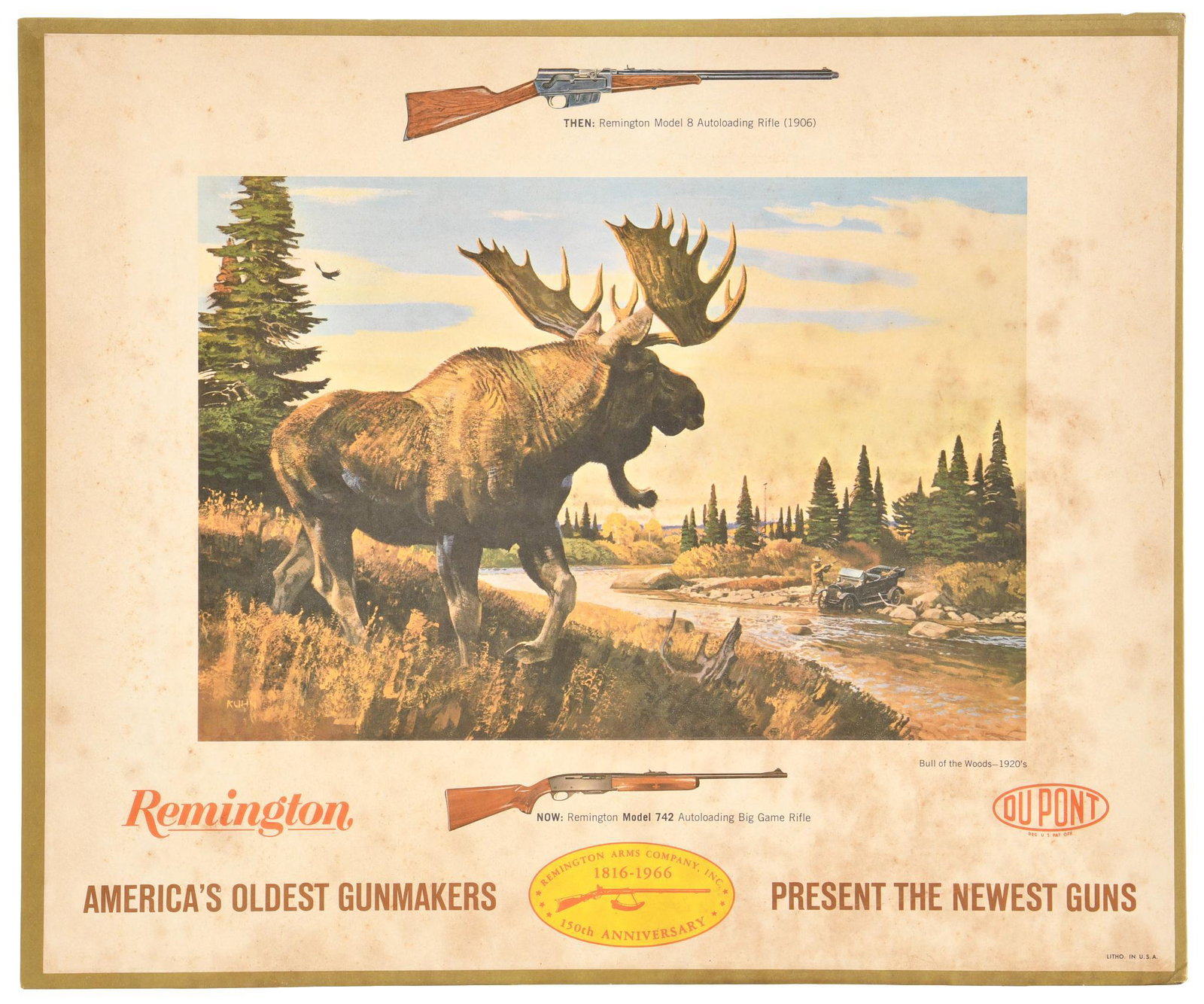 Vintage 1965 Remington Dupont Gun Store Cardboard: Remington (1816-1966) 150th Anniversary. "Now: Remington Model 742 Autoloading Big Game Rifle". Depicts hunter next to his car loading his gun with a large moose across the creek. Good condition