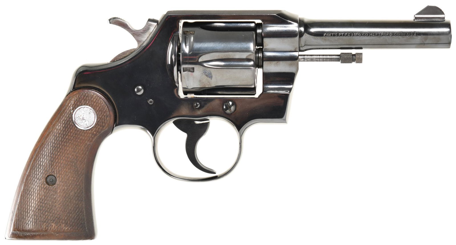 Colt Official Police .38 Special Double-action Revolver: Has been reblued. 4" barrel 6-shot. Slightly out of time on a couple cylinders, and is easily fixable. Comes with factory grips with right handed wear.