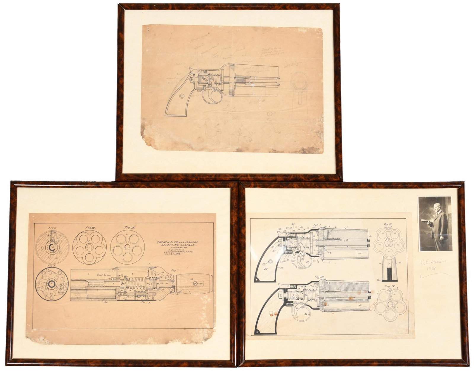 Lot Of 3 "Trench Club and 12 Gauge Repeating Shotgun": 3 Diagrams of Maker C.E. Morris.1918. Vintage, average condition
