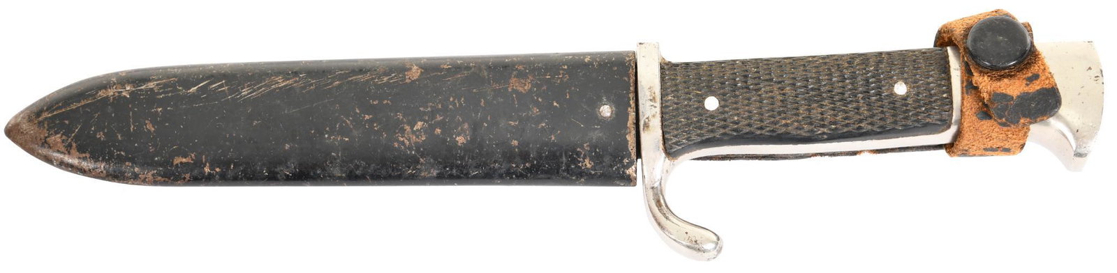 Hitler Youth Knife By Anton Wingen Jr.: The ricasso is engraved with an armored knight trademark on the obverse and RZM code ''M7/51/38'' on the reverse. Comes with original leather washer. Shows Average-Heavy wear.