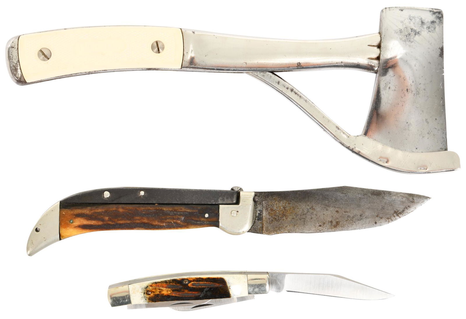 Lot Of 3 Knives And Hatchet: 1 KA BAR folding knife, average-good condition. 1 marbles NO. 2 Hatchet, good condition. 1 Handmade Puma Stock Knife, average-good condition.