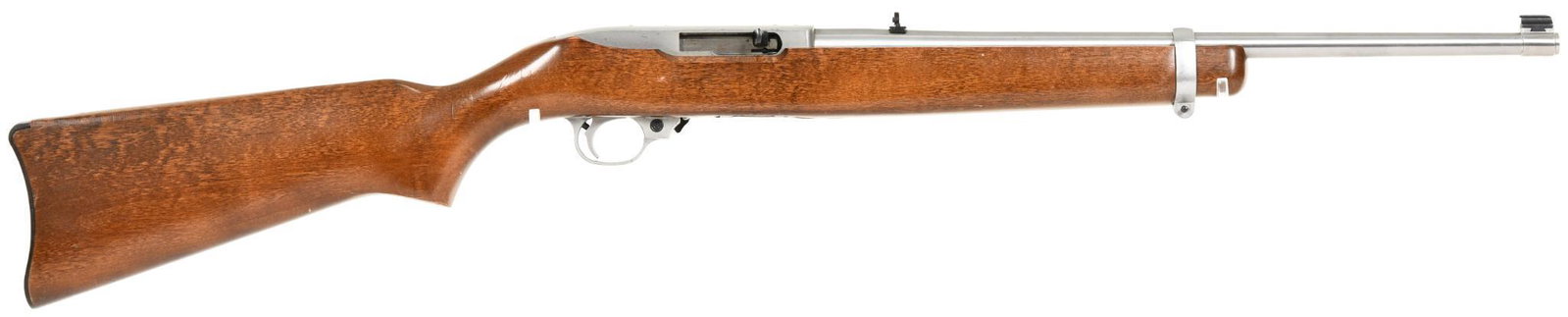 Ruger 10/22 .22 Caliber Semi-auto Rifle: Stainless steel barrel. Brushed aluminum receiver, and has a number of handling marks. Hardwood stock. Comes with one 10 round magazine