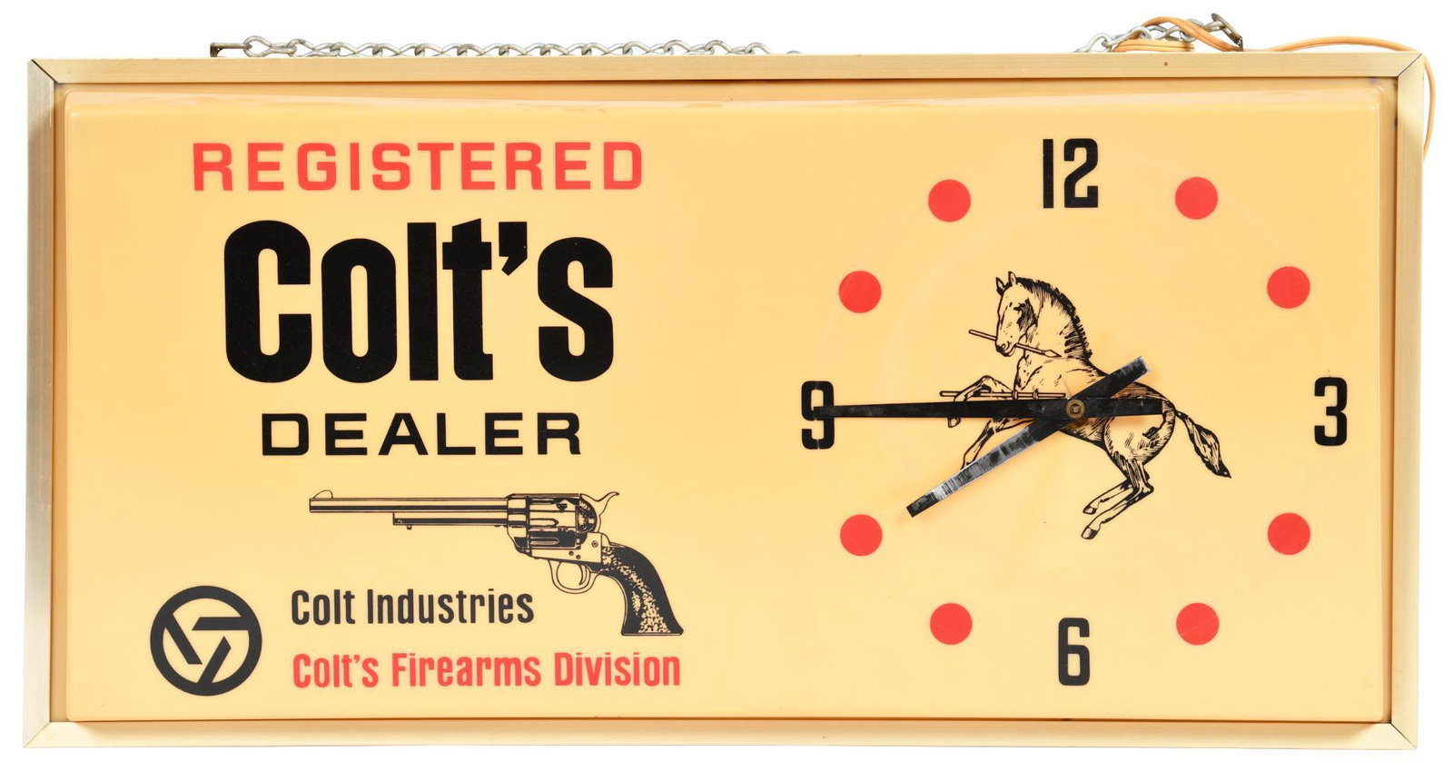 Rare 1950's Vintage Colt's Dealer Lighted Clock: The clock is made of metal with a lighted plastic front and Masonite back. It is non-functioning. It measures 24 1/2? in width by 12? in height by 4 in depth.