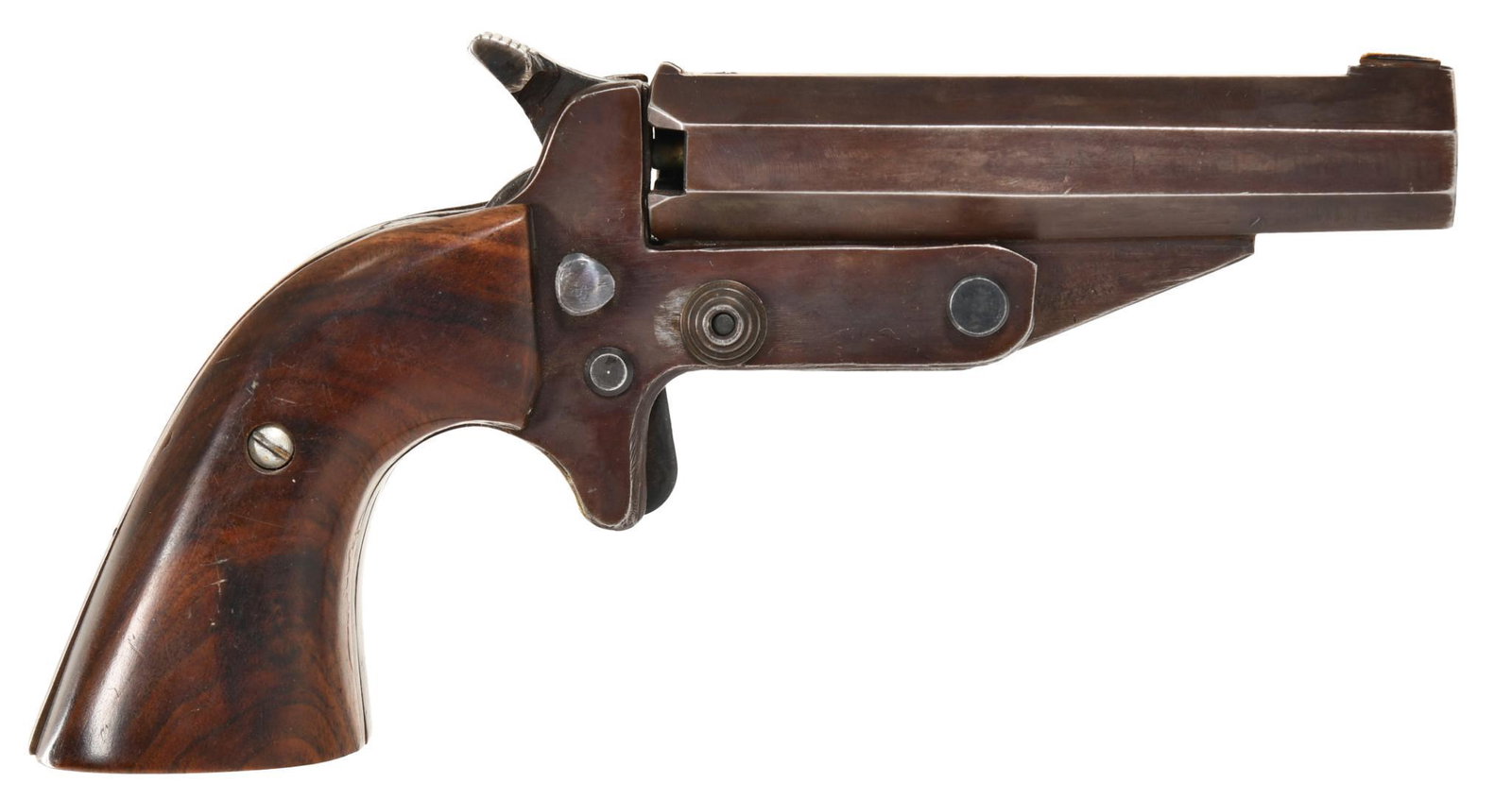 Ramrod Special .45 Caliber Percussion Pistol: Comes with a 4" and 7 1/2" barrel in .45 caliber. In a small display case with percussion caps and loading rod. Finished in the plum brown. Has been fired.