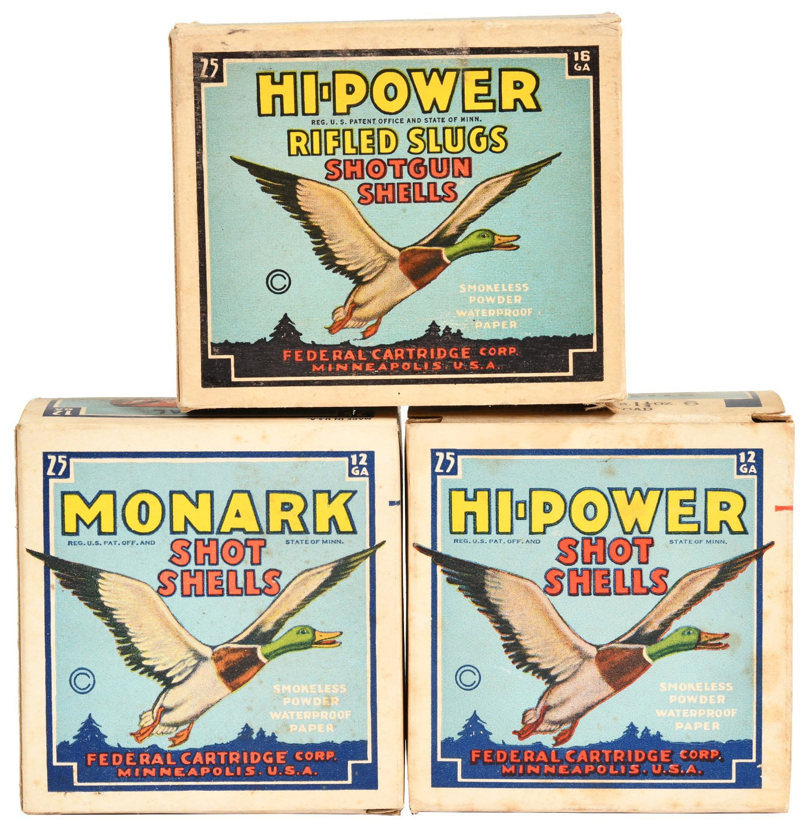 Lot of 3 Vintage Shotgun Shell Boxes: 1 box- Monark Shot shells 25/12gauge 1 box- Hi-Power Rifled Slugs 25/16 gauge 1 box- Hi-Power Shot Shells 25/12 gauge All 3 are all empty and in great condition.