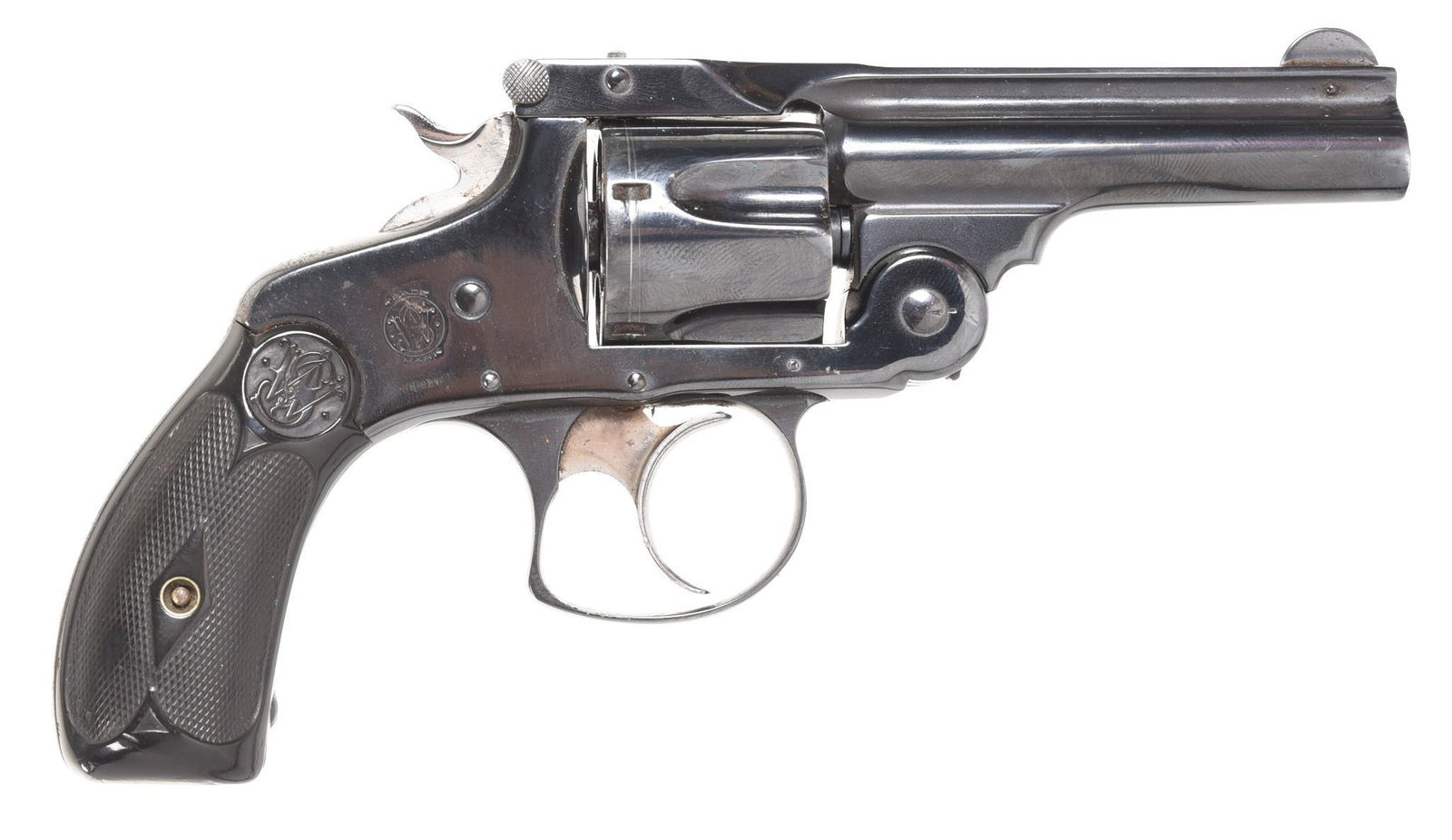 Smith & Wesson DA38 .38 Smith & Wesson Caliber: 3 1/4" barrel 5-shot. Gun has been buffed and re-blued. Doesn't always function correctly on double-action. Has intact factory grips. Comes with a Brauer Brothers holster with broken stitching.