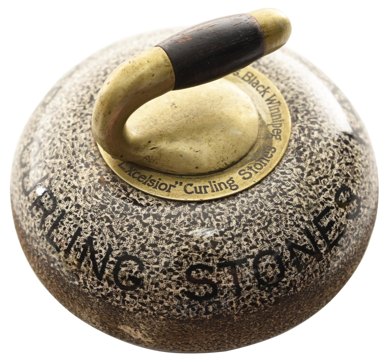 Salesman Sample Kays Excelsior Curling Stones: In excellent condition, has brass handle with wood insert, is marked Compliments Thos. Black Winnipeg "Kays Excelsior" Curling Stone, 3"D. rated 9